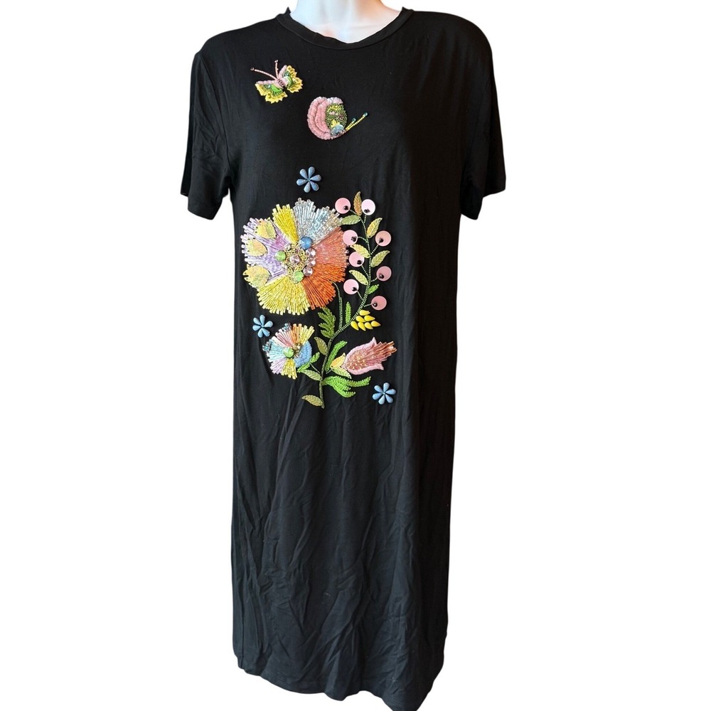 Cynthia Rowley Embroidered T-Shirt Dress Sequin Beaded Black Size Large NEW